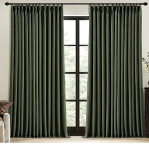 Pleaded 100% Blackout Linen Curtains 84"L X 40"W  Two Panels Olive Green